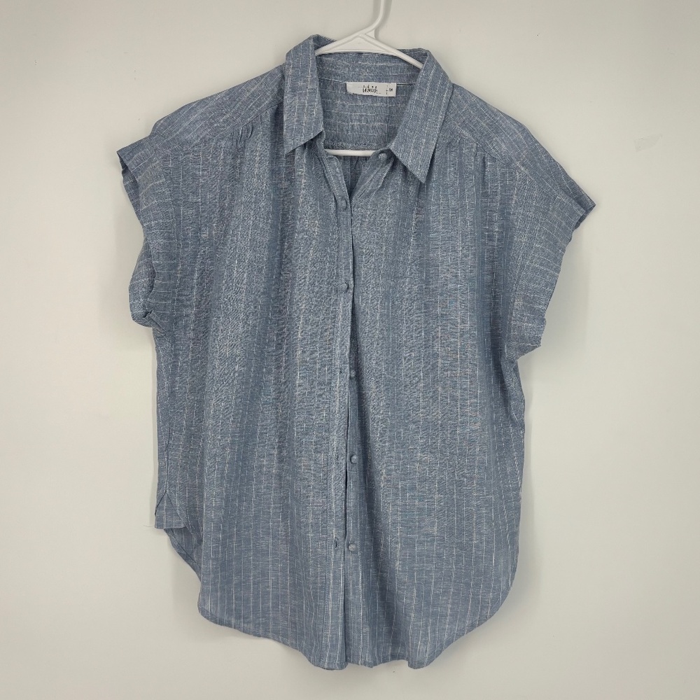 Talulah Womens Medium Button Front Shirt Blue White Stripes Linen Rayon Short Sl